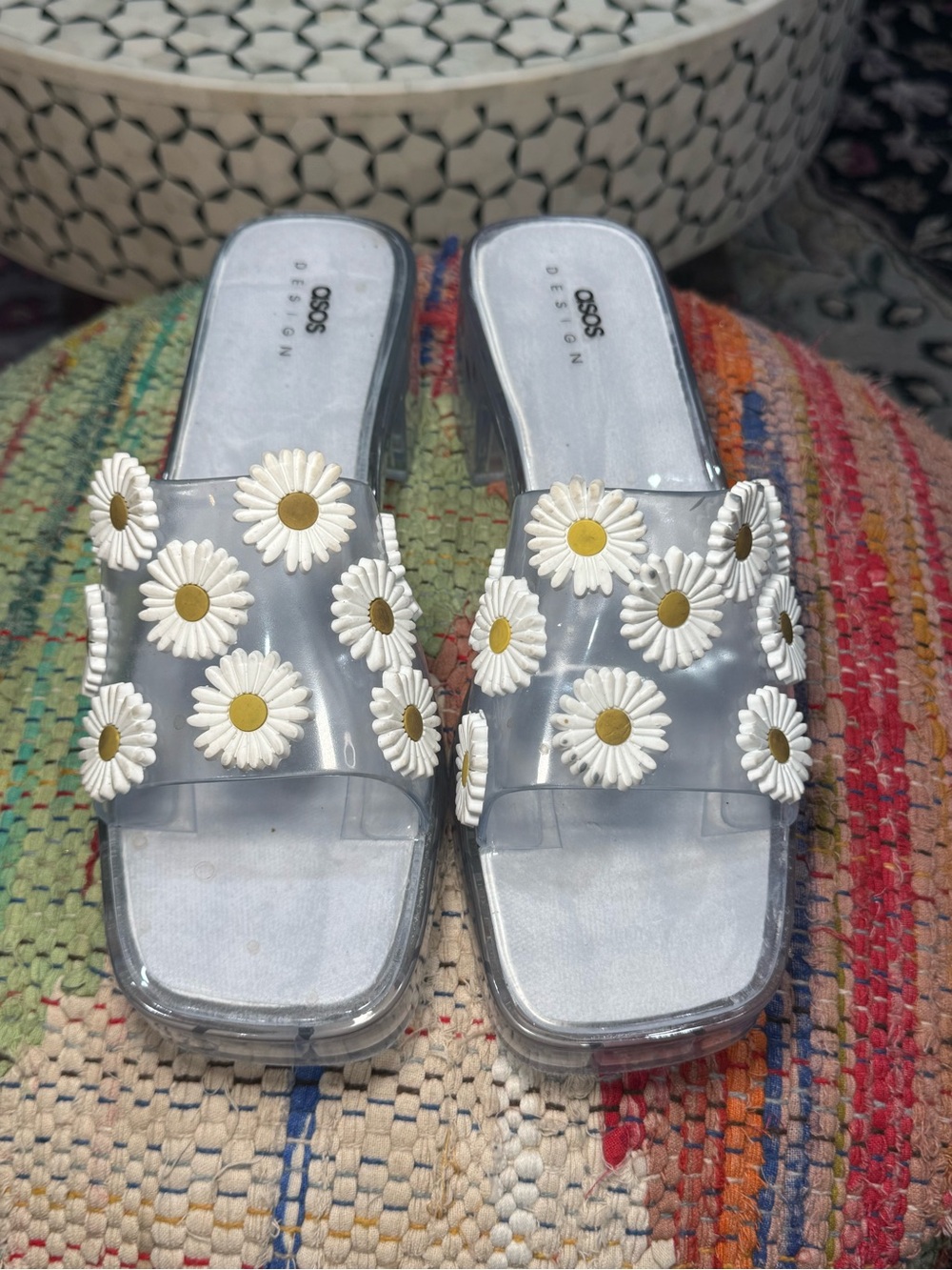 ◻️🌼▫️ASOS Clear Daisy Embellished Platform Heeled‎ Slide Sandals ▫️🌼◻️ - Picture 8 of 8